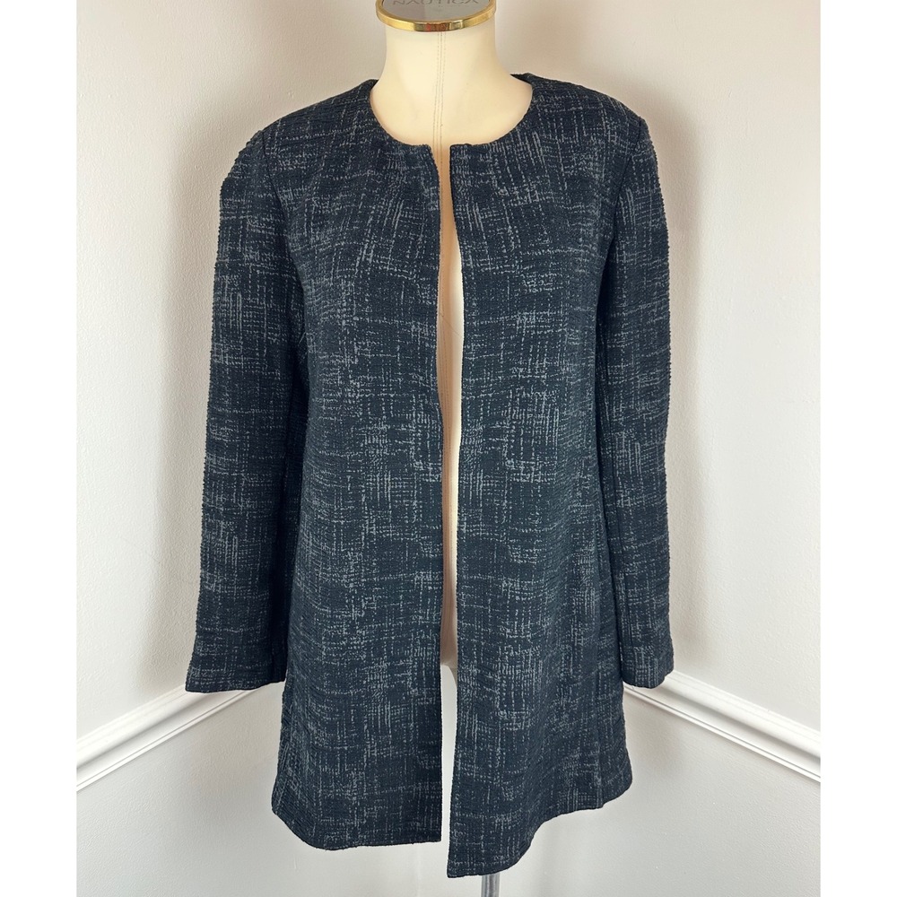 EILEEN FISHER Long Black & Gray Open-Front Coatigan | M
